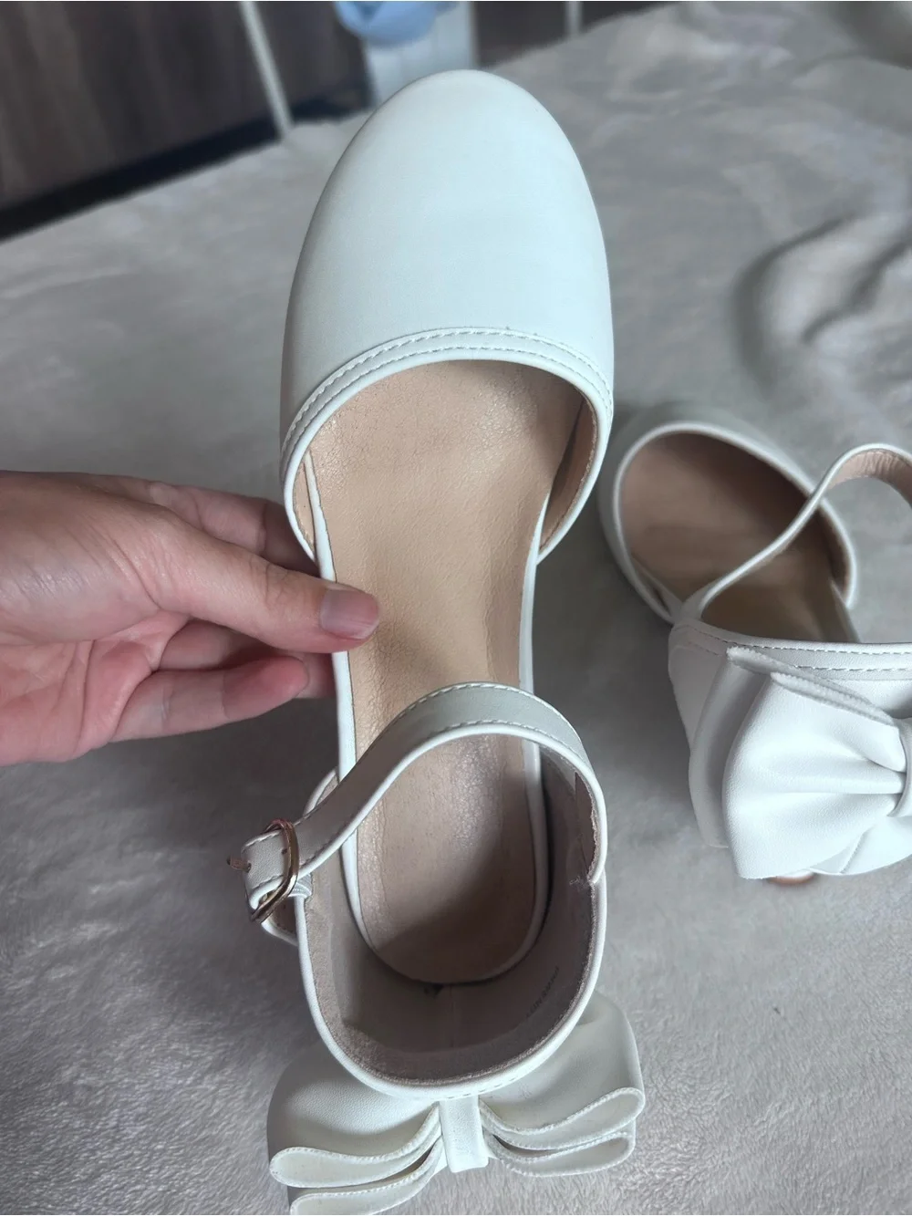 White Bow Accent Ankle-Strap Kitten Heels